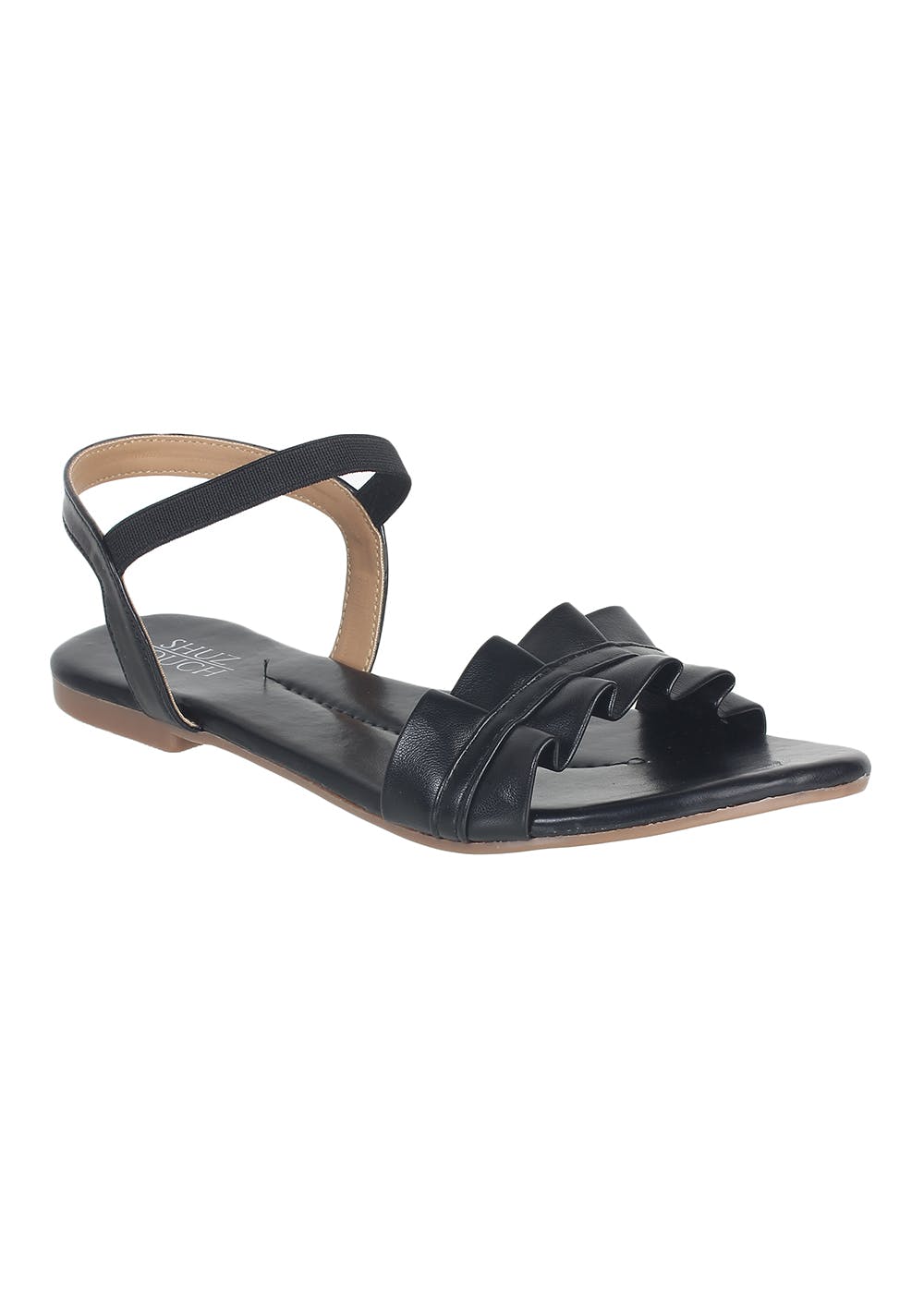 Ruffled Flap Detail Solid Slingback Sandals - Black