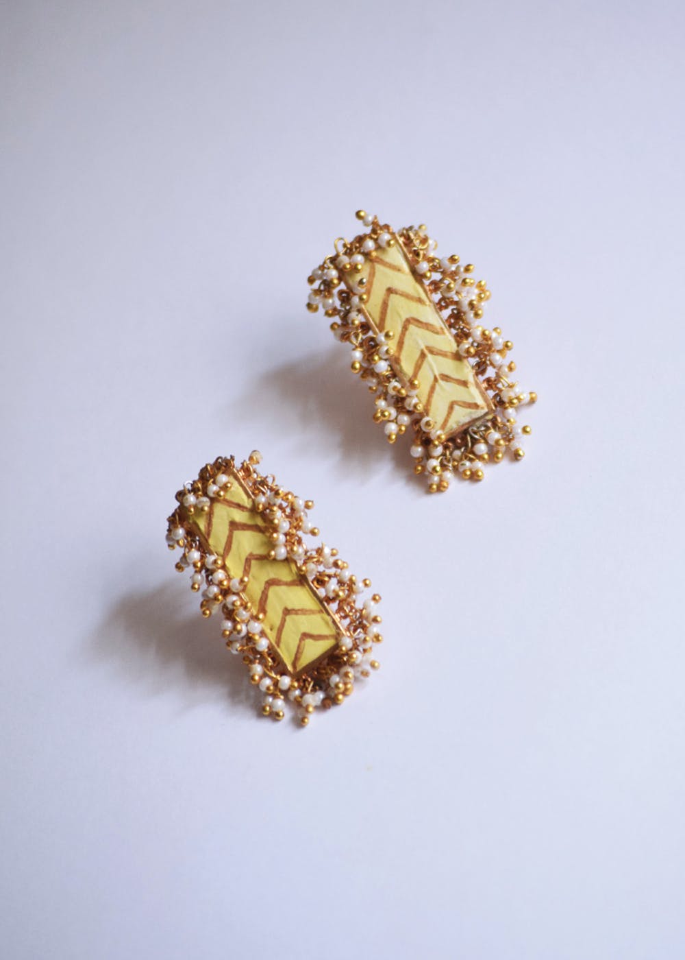 Pearl Embellished Chevron Detail Long Earrings - Yellow