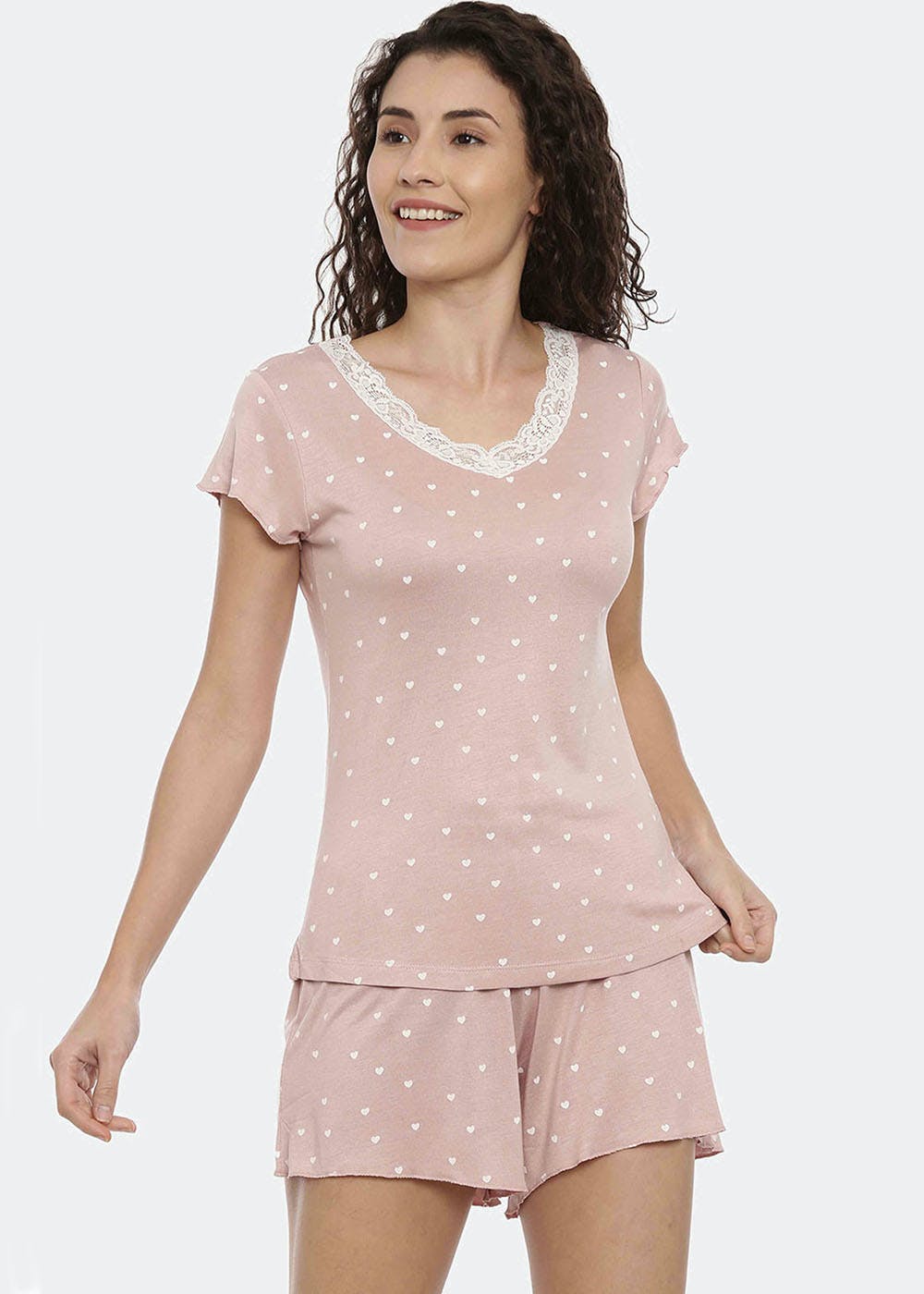Lace Detail Pink Heart Printed Nightsuit Shorts Set
