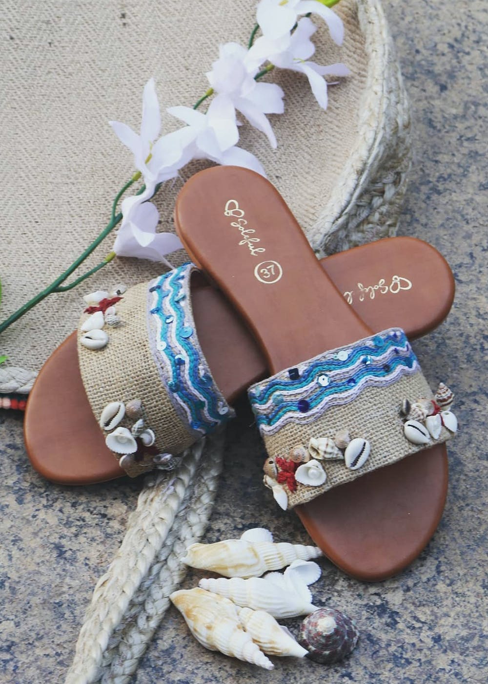 Shell And Slides Get Multi Shell & Chevron Detail Tan Slides at ₹ 2200 | LBB Shop