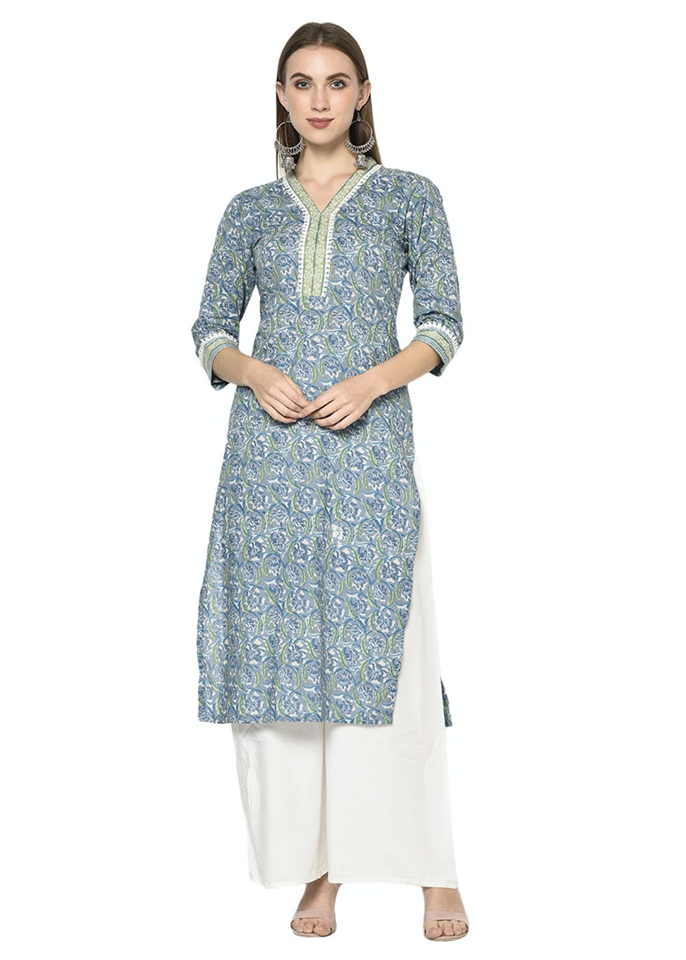 Get Floral Jaal Printed Blue V-Neck Kurta at ₹ 1299 | LBB Shop