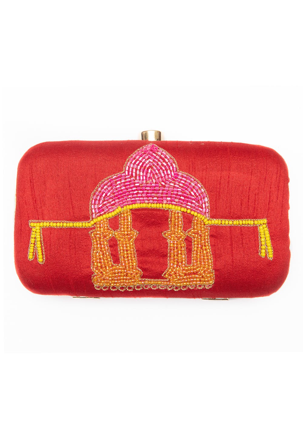 Hand Embroidered Monument Box Clutch - Red