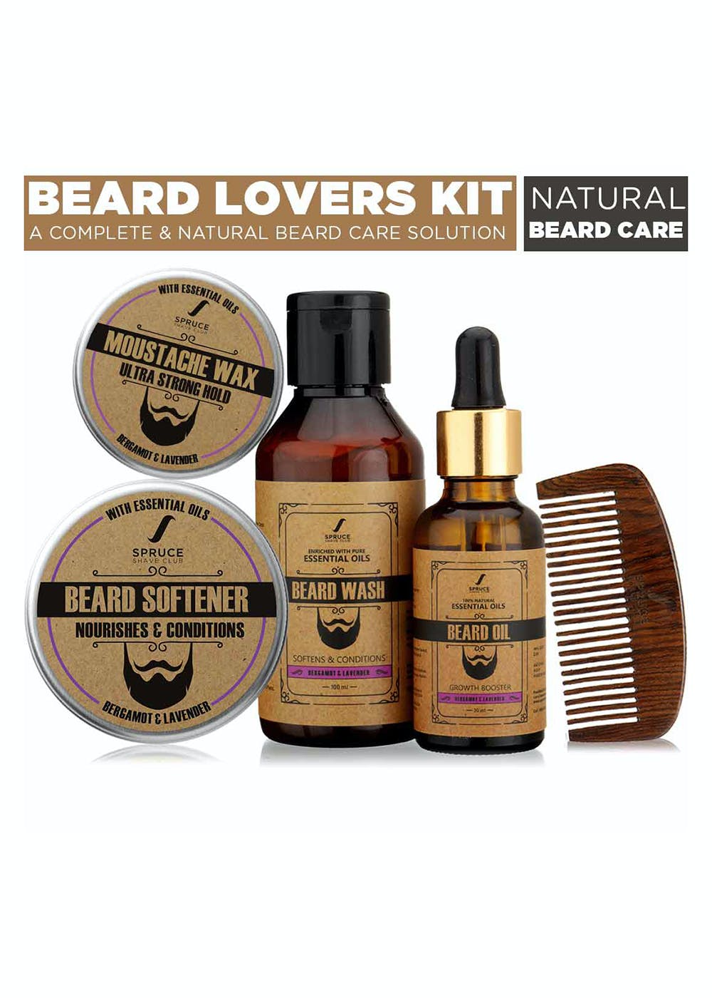 Beard Lovers Kit | Oil, Wash, Wax, Softener, Comb | Bergamot & Lavender