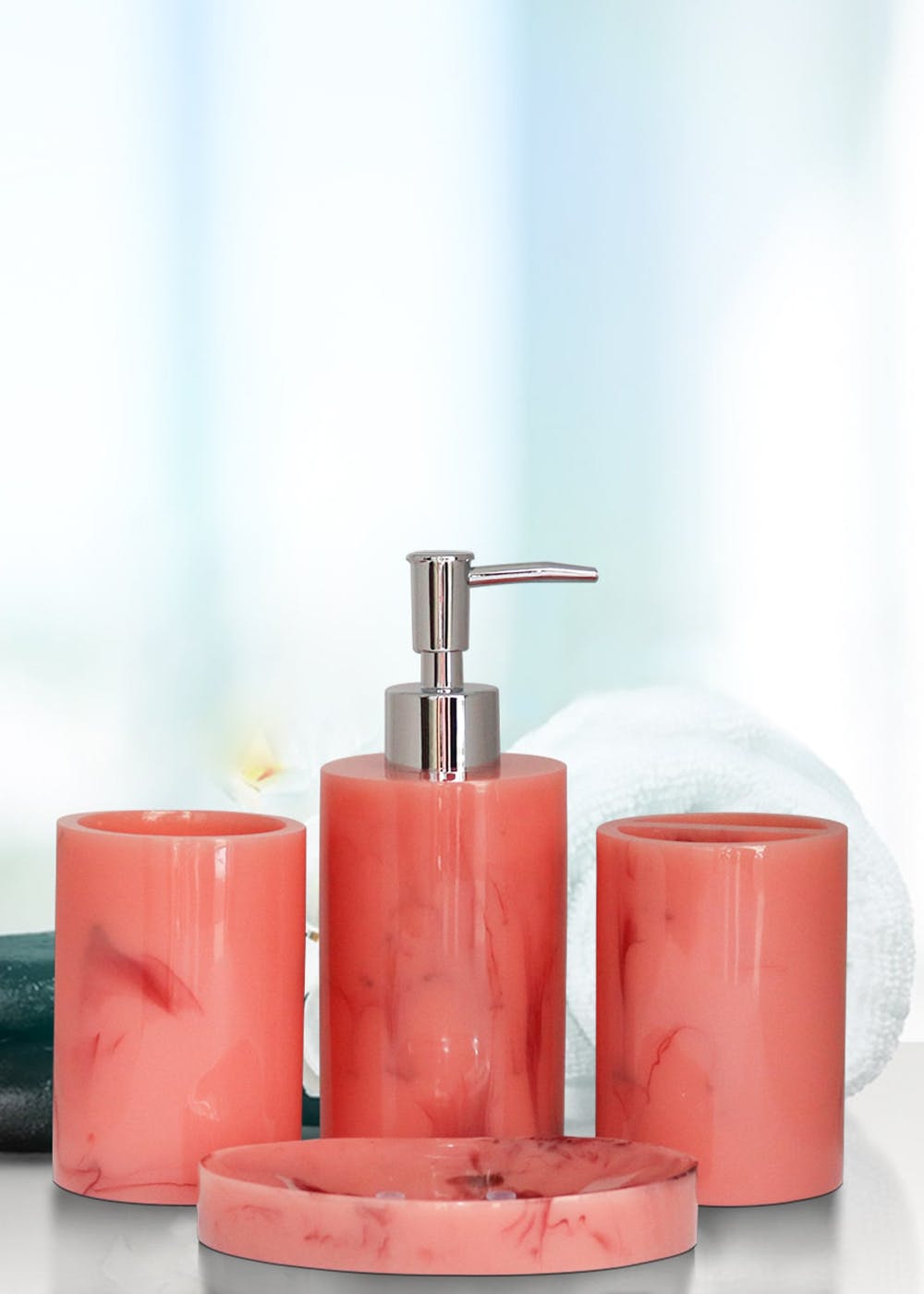 Get Poly Resin Textured Solid Bathroom, Peach Bathroom Accessories Set