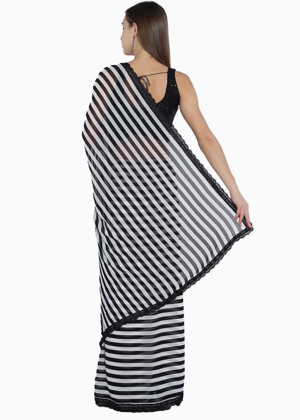 Cotton Quirky Striped Black And White Saree|Safed Black|Suta