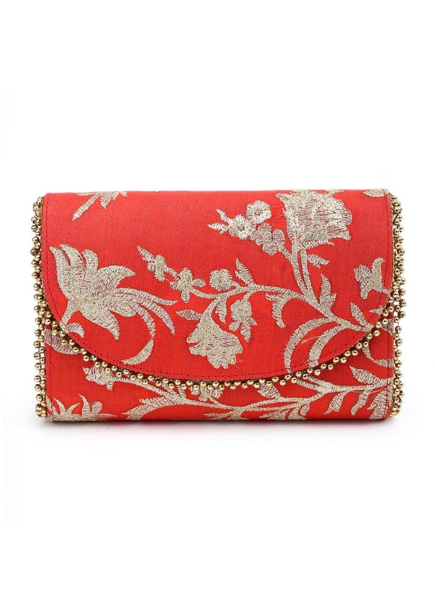 Get Handmade Orange Zari Embroidered Clutch at ₹ 1200 | LBB Shop