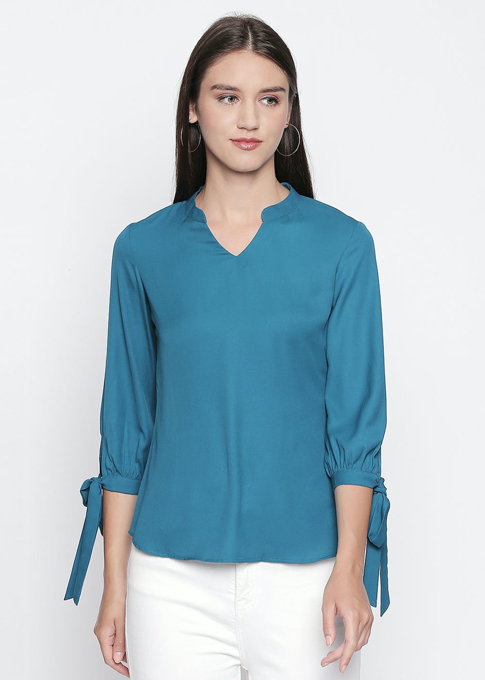 Cuffed Sleeve Hem Tie Detail Blue Top