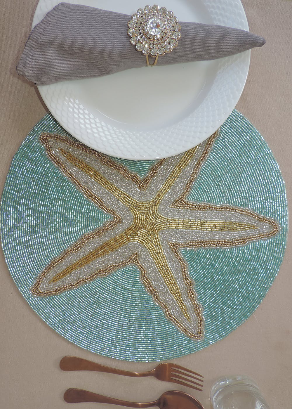 Get Teal & Gold Embroidered Placemats With Fabric Base Set Of 2 at