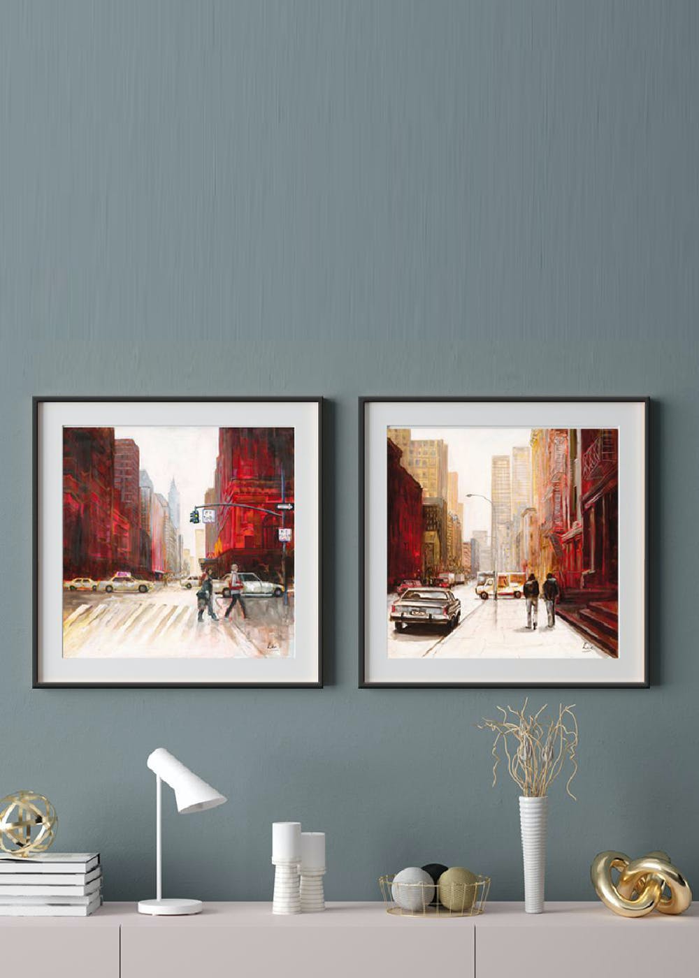 Framed Wall Art on Paper, Titled: Dissolving Red City |  Set of 2 | 13 X 13 inch each