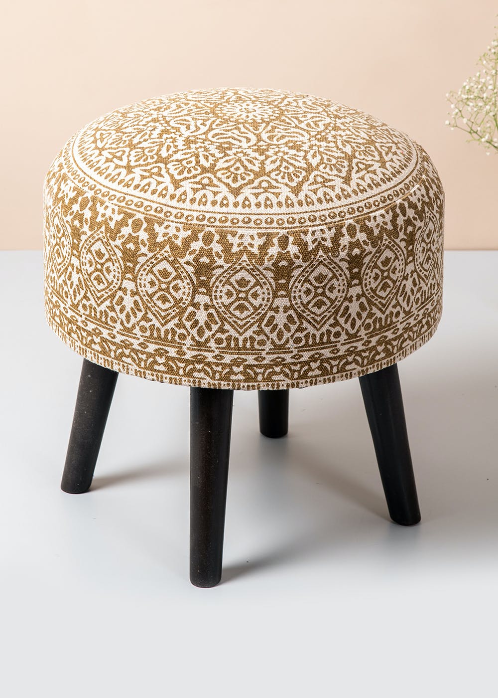 Get Yellow Wooden Stool 17 Inches Cotton Ottoman Set of 1 at ₹ 2795 LBB Shop