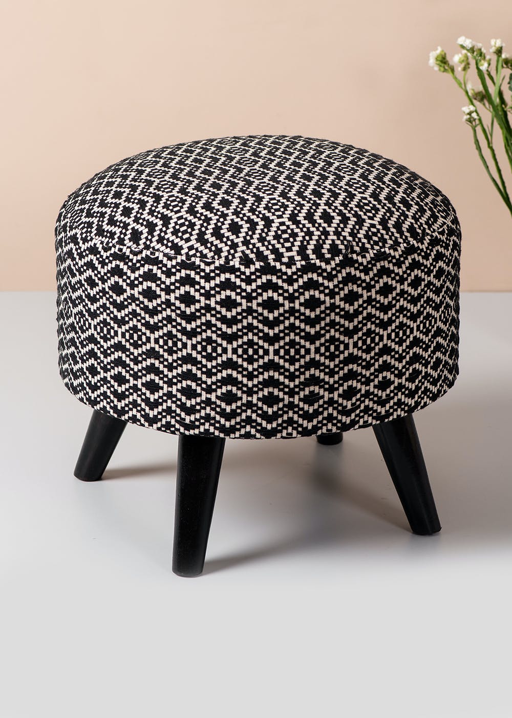 Get Black and White Wooden Stool Cotton Sitting Ottoman For Living Room ...