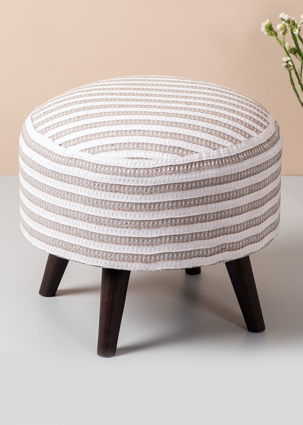 Get Beige Strips Design Wooden Stool Cotton Sitting Ottoman for Living ...