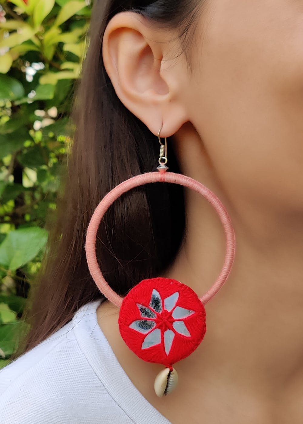 Red Geometric Floral Threadwork Peach Circular Drop Earrings