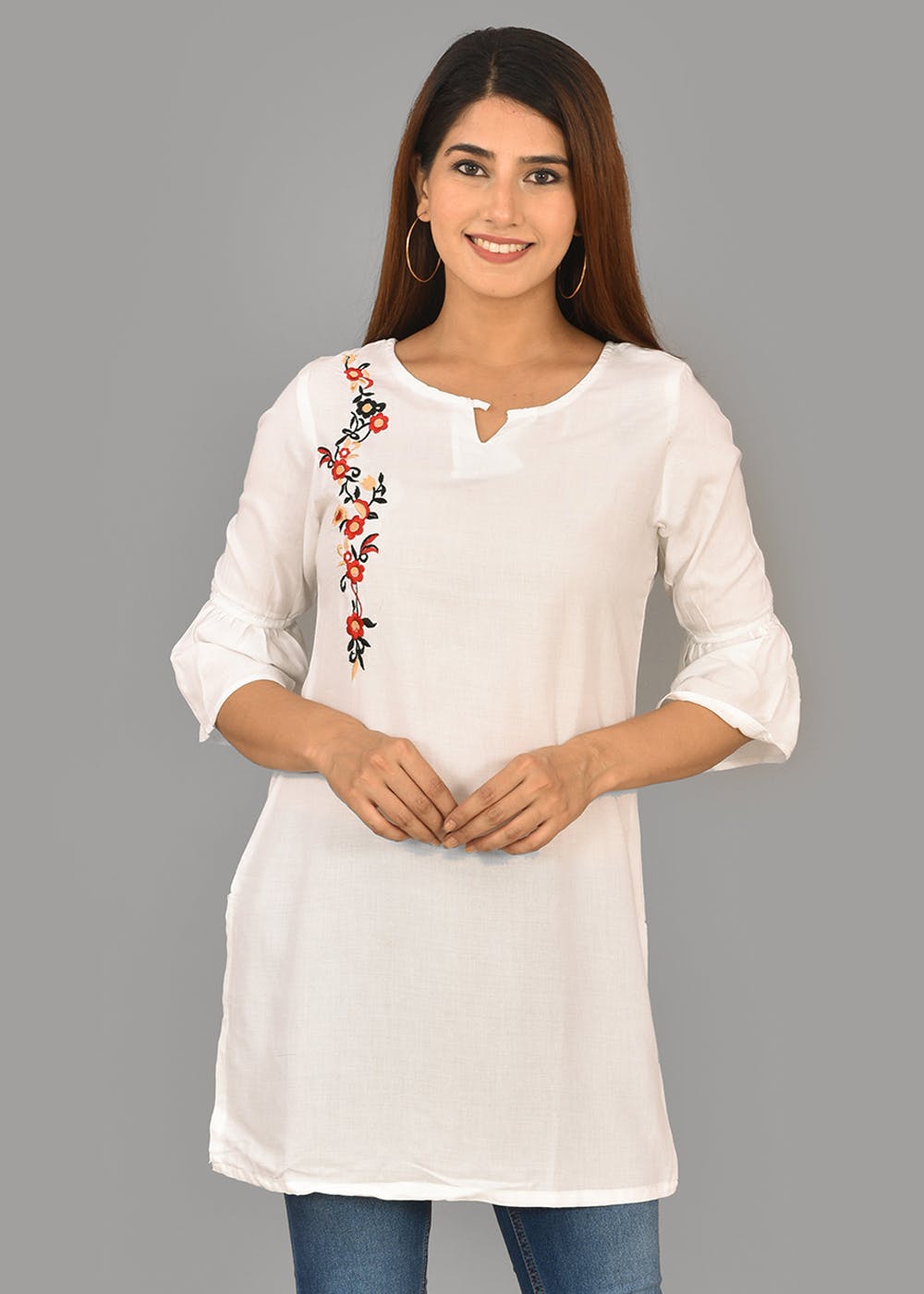 Floral Embroidered Patch Detail Solid Kurti - White