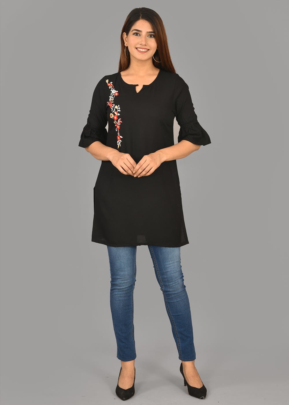 Floral Embroidered Patch Detail Solid Kurti - Black