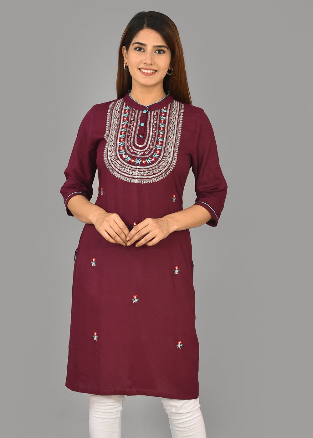 Get Contrast Floral Embroidered Wine Straight Kurta at ₹ 689 ...