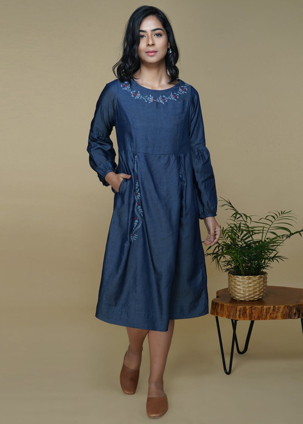 Get Cuffed Sleeve Detail Chikankari Denim Pleated Dress at ₹ 3465 | LBB ...