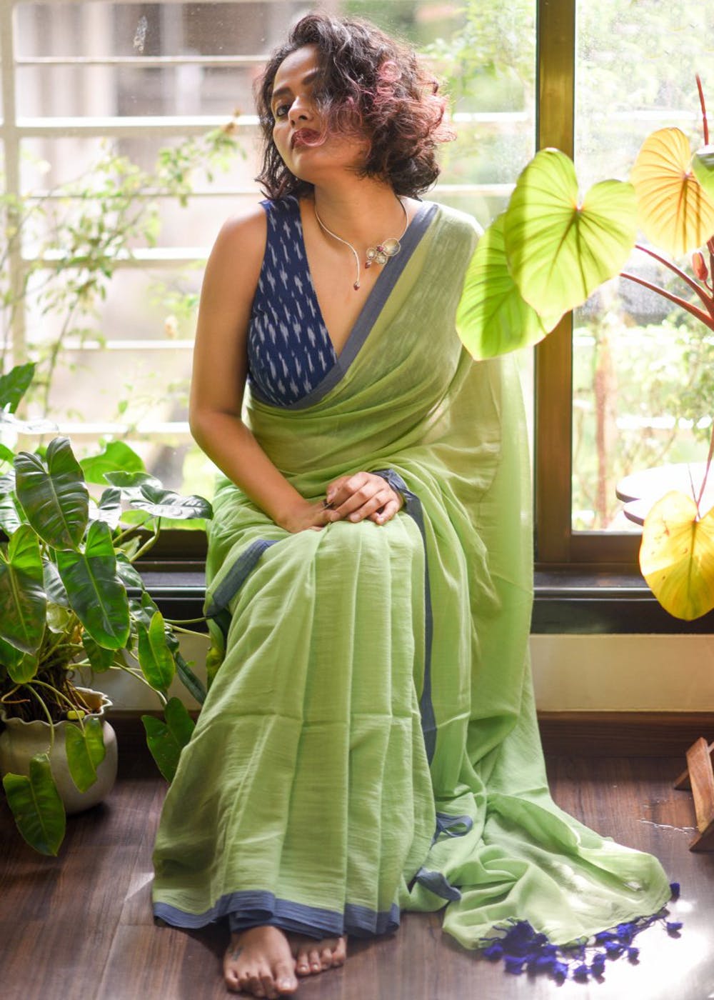 Get Light Green Mul Cotton Saree With Blue Border at ₹ 2050 | LBB Shop