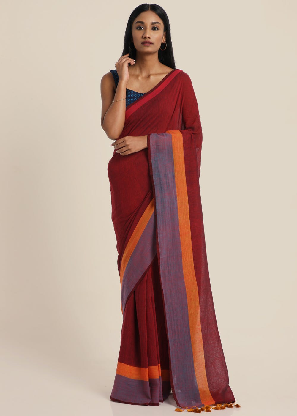 Get Maroon Pure Cotton Handloom Saree With Multicolor Border at ₹ 2900 ...