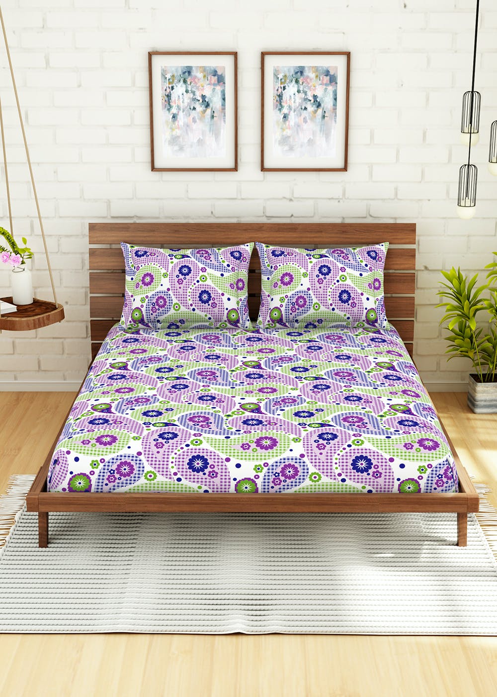 Purple Printed Super Soft Cotton Double Bed Sheet with 2 Pillow Covers (Purple)