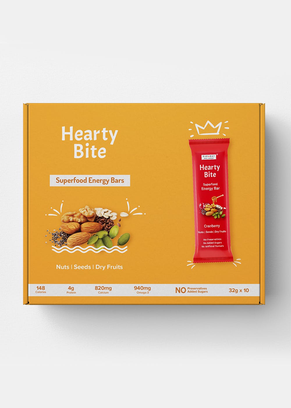 HeartyBite Superfood Energy Bars - Cranberry- Pack of 10- 32gm Each