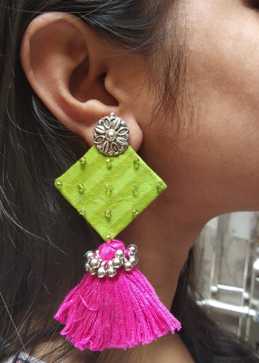 Tassel Drop Green Embroidered Earrings