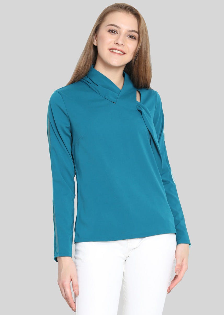 Get Tie Detail Mesh Sleeves Teal Top at ₹ 630 LBB Shop