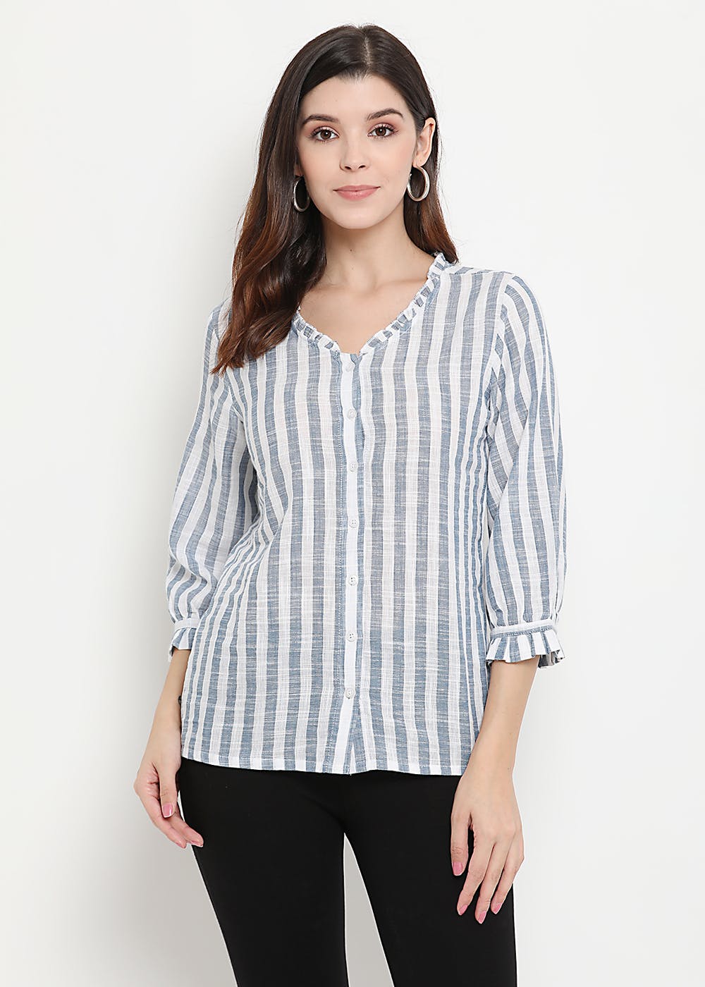 Get Cuffed Sleeve Detail Grey & White Striped Top at ₹ 1199 | LBB Shop