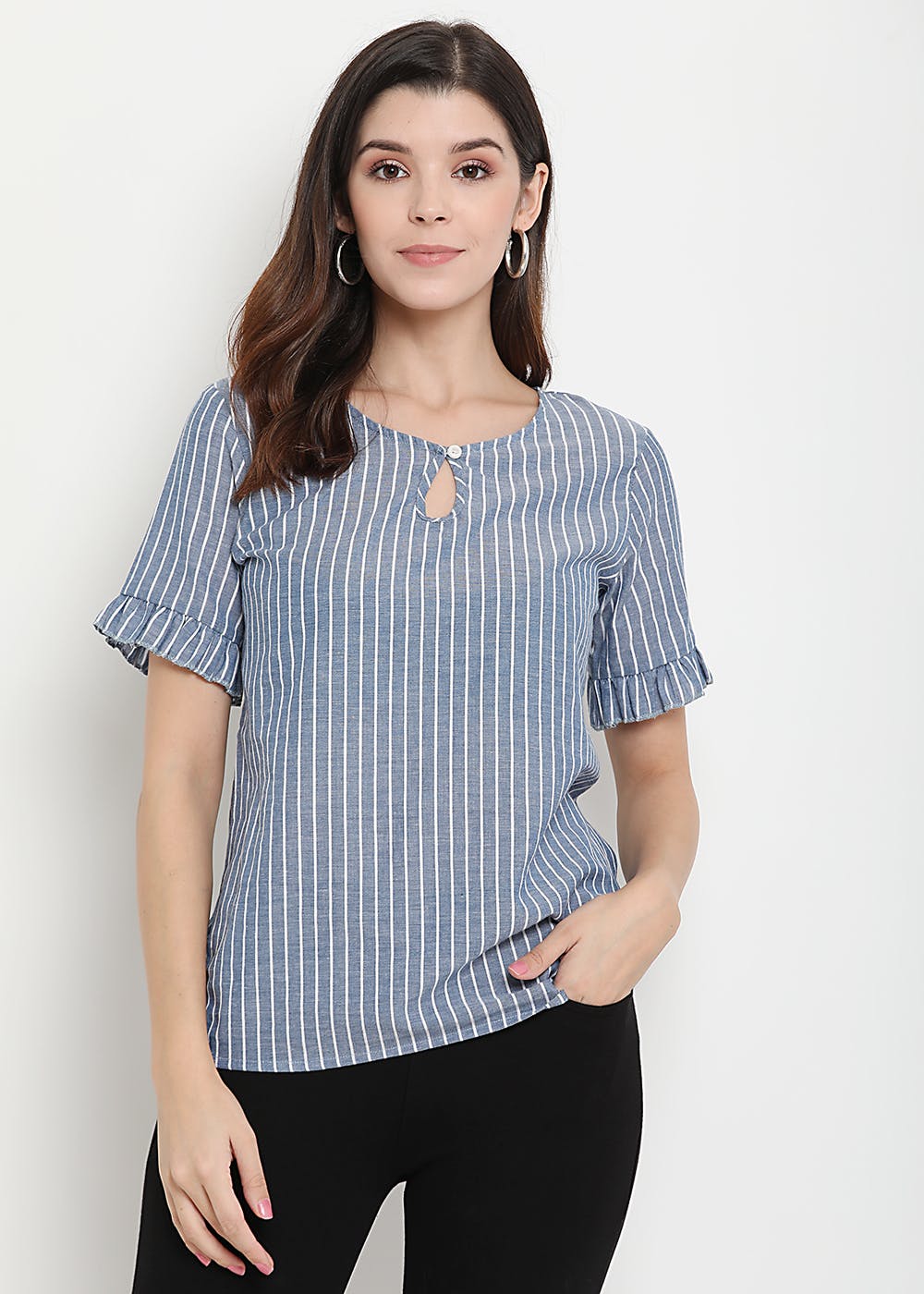 Get Keyhole Neck Detail Navy Striped Top at ₹ 959 | LBB Shop