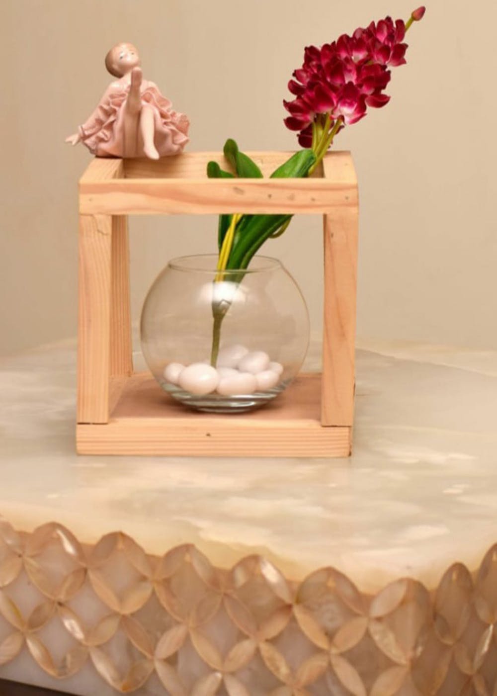 Wooden Vase with Ceramic Doll & Glass Bowl