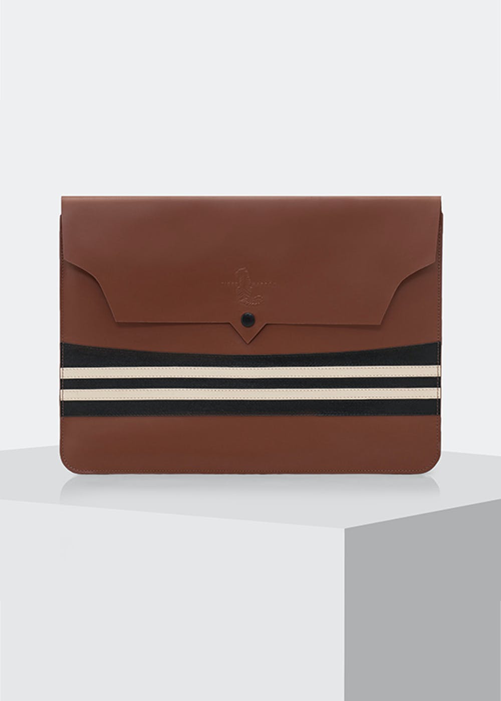 Monochrome Striped Panel Detail Leather Laptop Sleeve - Brown