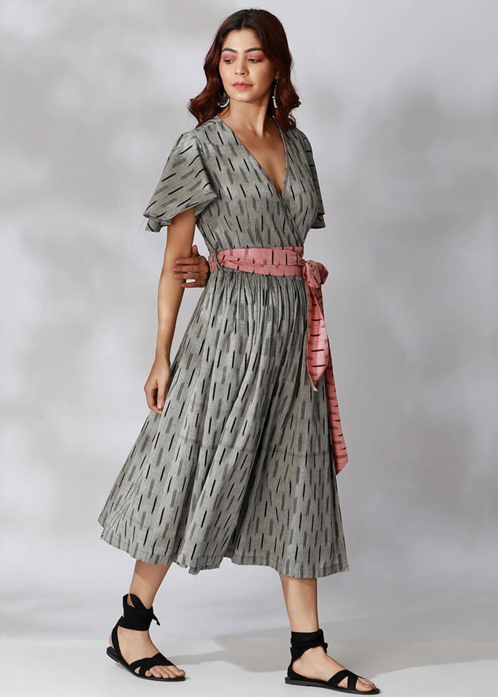 Get Black And Grey Ikat Wrap Around Dress With Maroon Belt at ₹ 4299