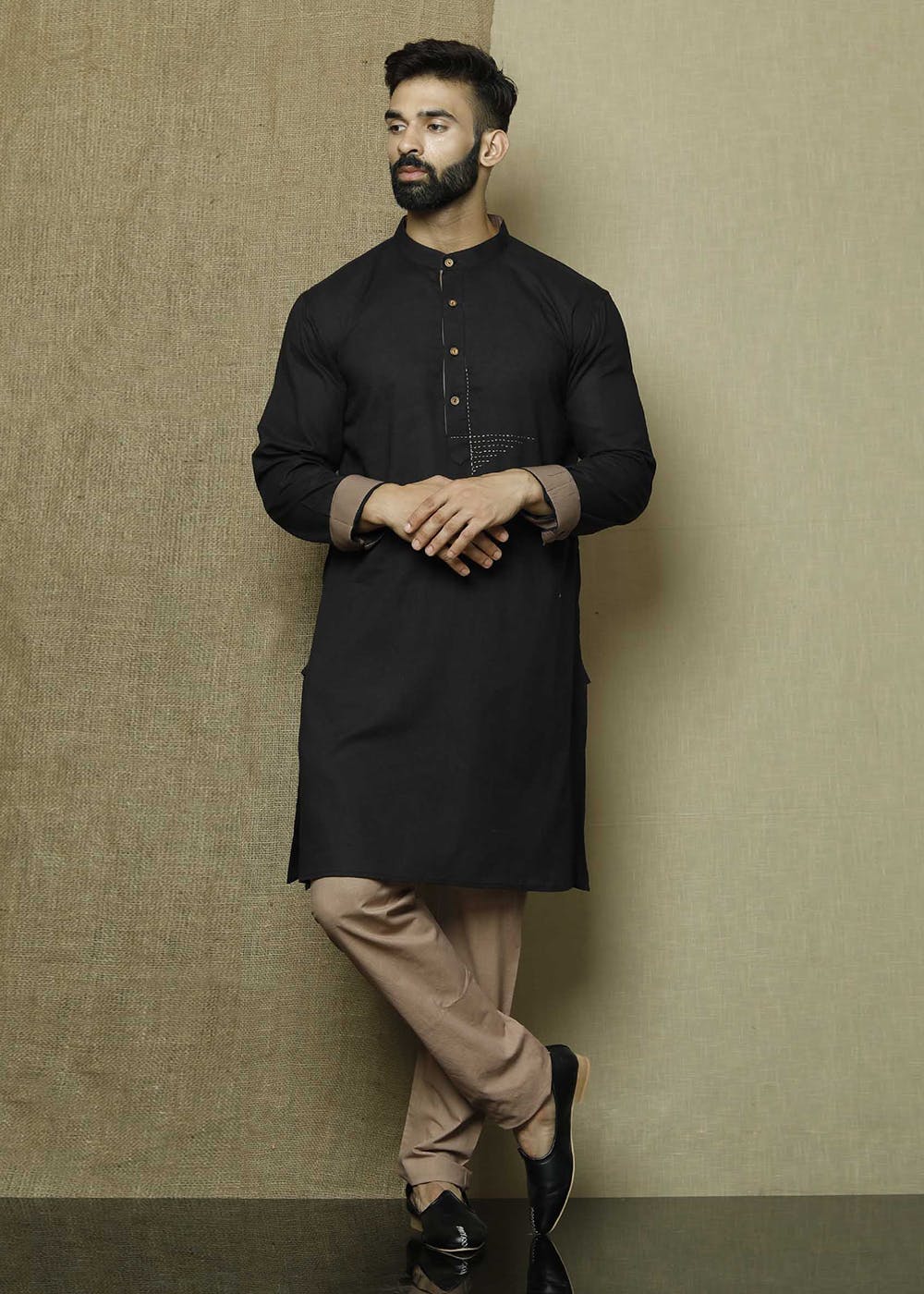 Get Black Khadi Kurta With Beige Pyjama Set at ₹ 2949 | LBB Shop