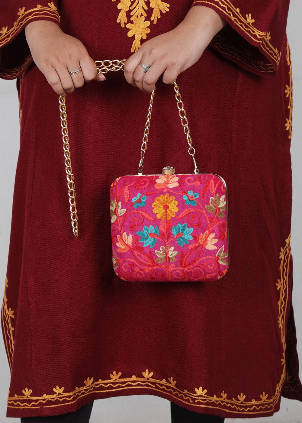 Pink & Gold Embellished Box Clutch with Handle & Shoulder Strap