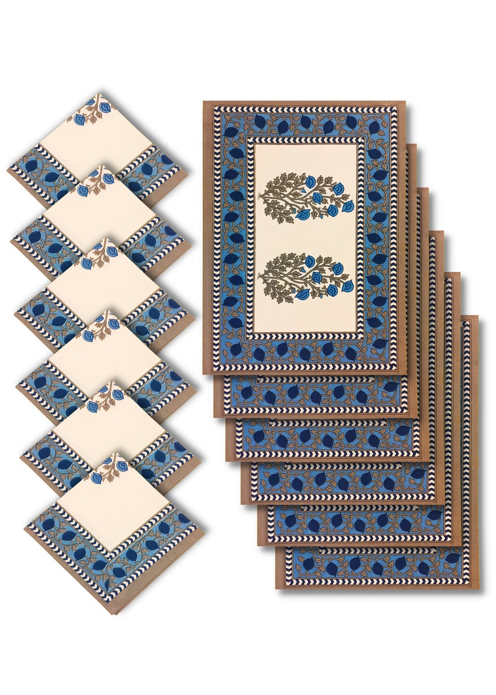 Get Hand Block Mughal Printed Blue & Grey Table Mats With Napkins Set