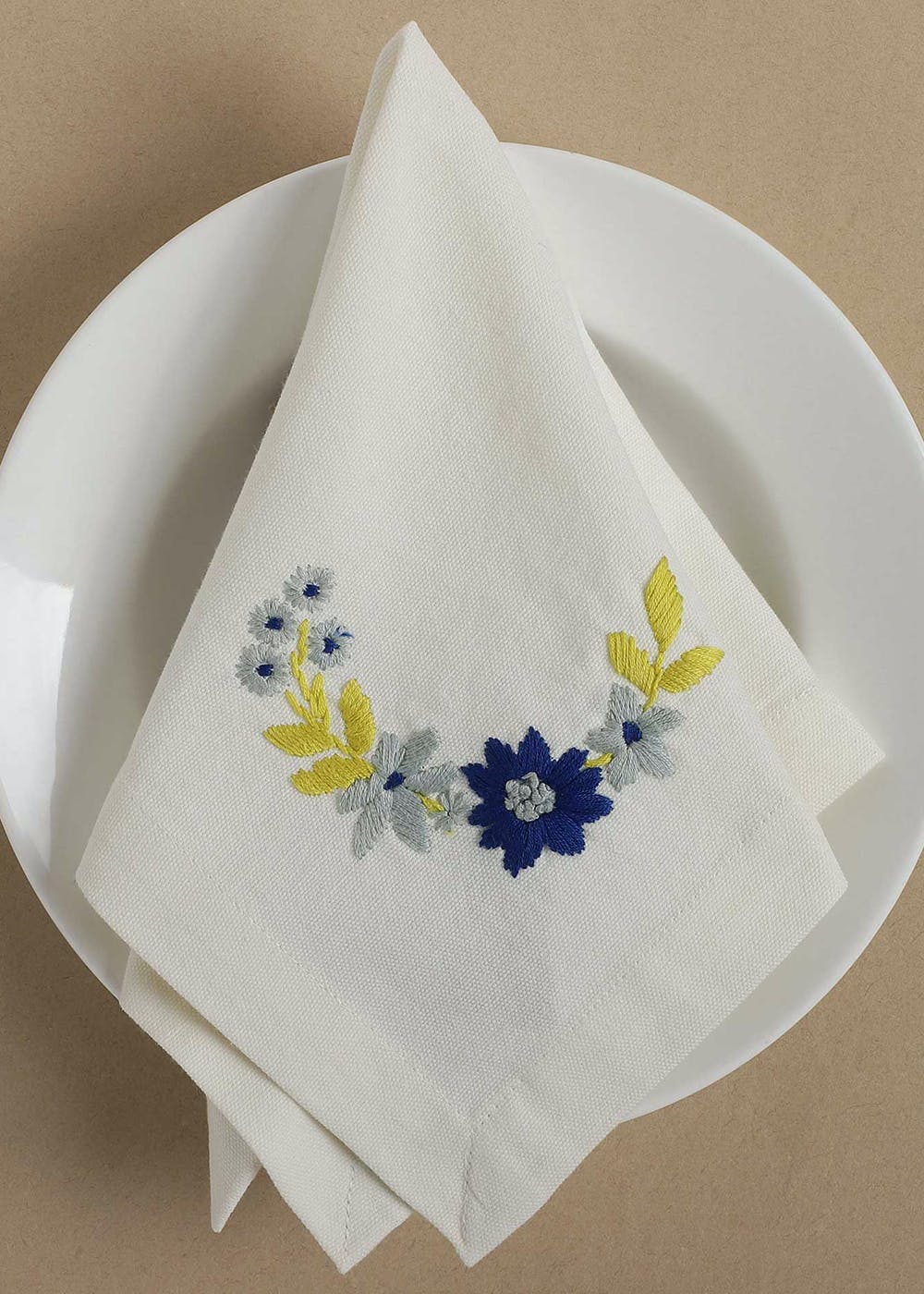 Get Off White with Blue Floral Hand Embroidered Cotton Table Napkin
