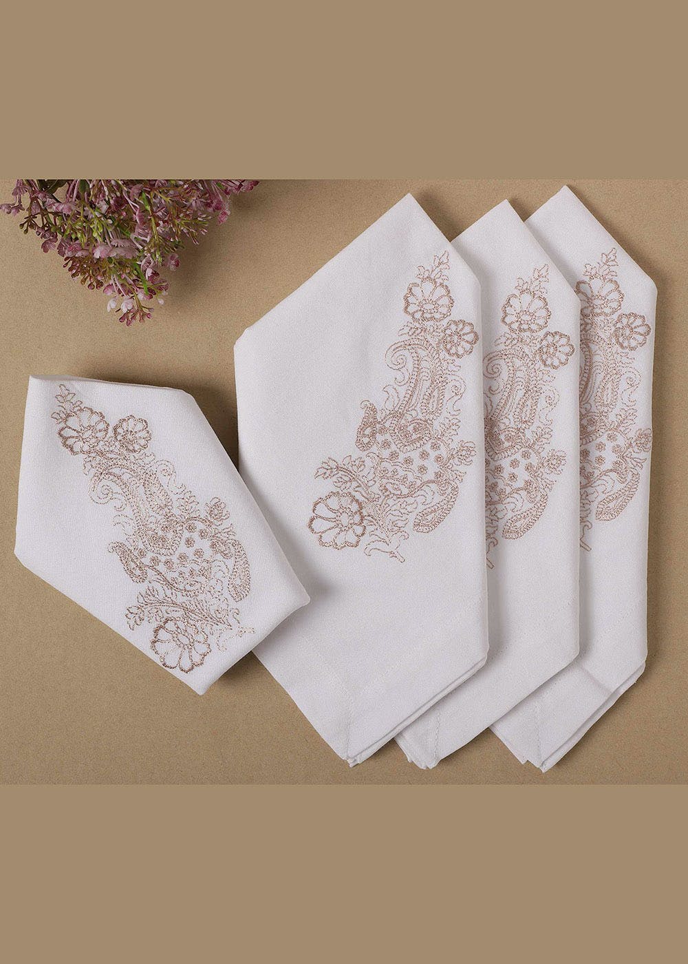 Get Cream with Beige Paisley Embroidered Cotton Table Napkin (Set of 4