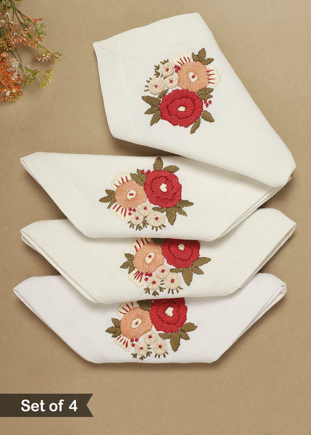 Get Maroon Hand Embroidery Off White Cotton Table Napkin Set of 4 at