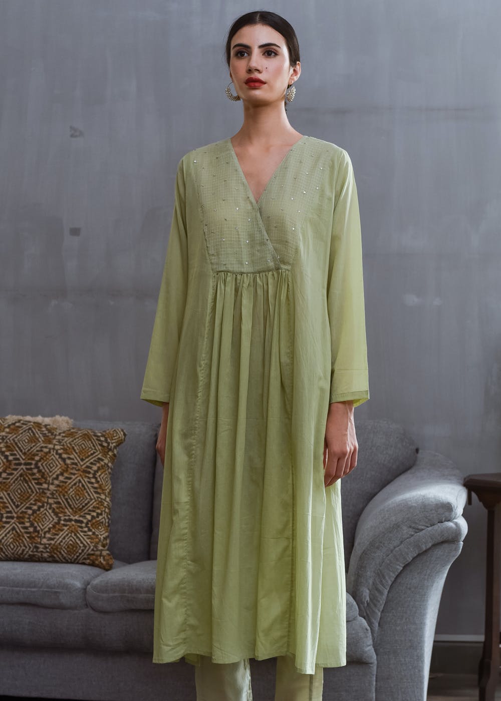 Get Mukaish Yoke Detail Sage Green Solid Angrakha Kurta at ₹ 2500 | LBB ...