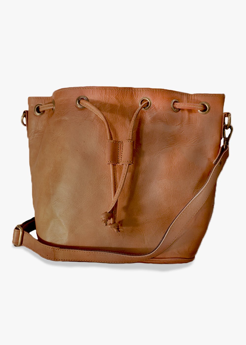 Solid Brown Drawstring Detail Leather Handbag