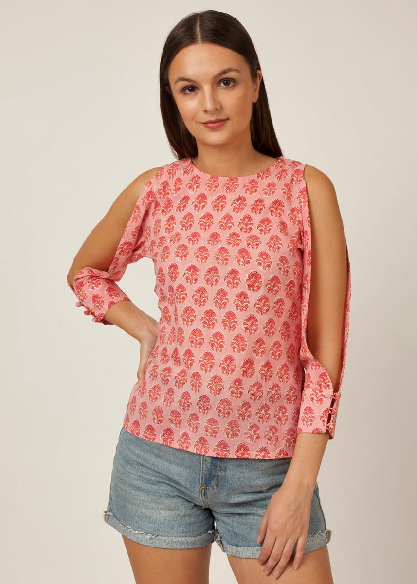 Ethnic Printed Cold Sleeves Pink Top