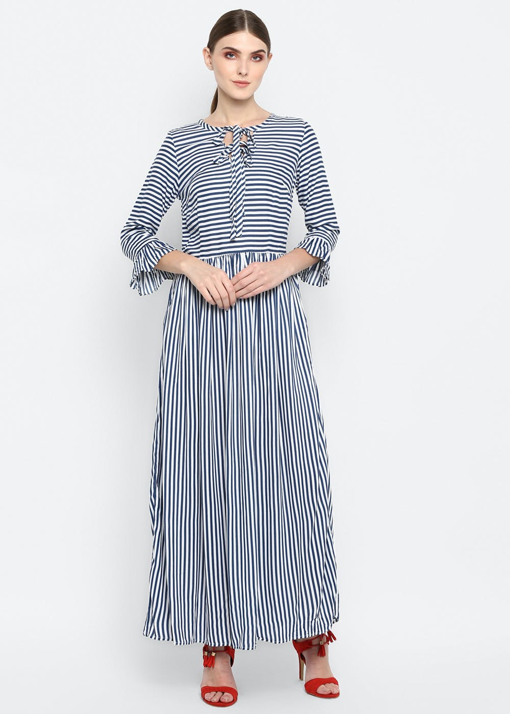 Get Neck Tie Detail Blue And White Striped Bell Sleeved Maxi Dress At