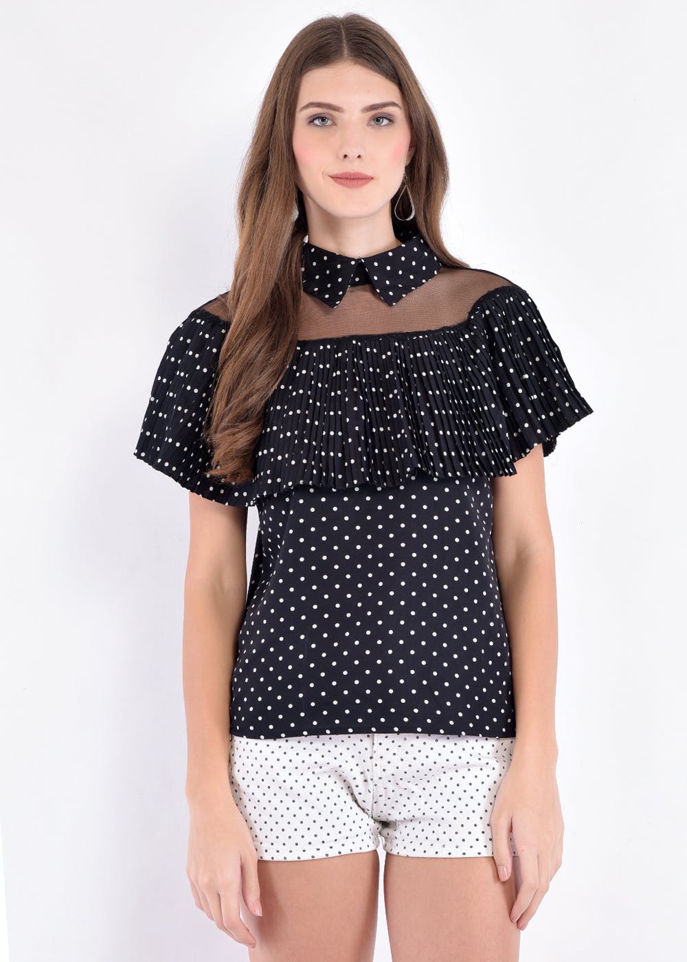 SWEET SPOT DOTTED UP PLEATED LONG SLEEVE TOP