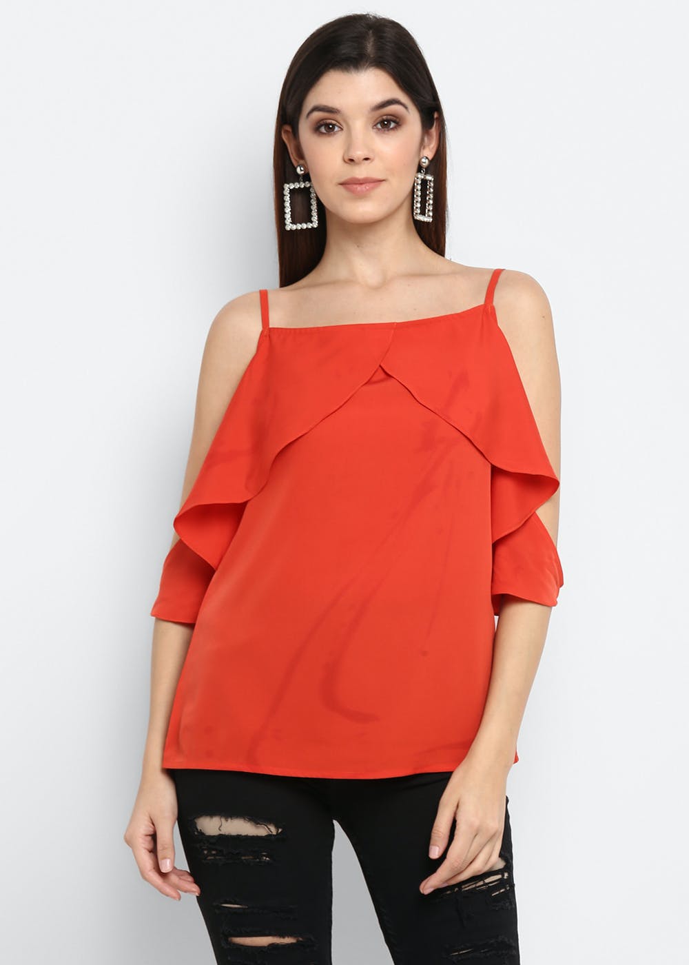 Get Ruffled Patch Orange Strappy Top at ₹ 399 | LBB Shop