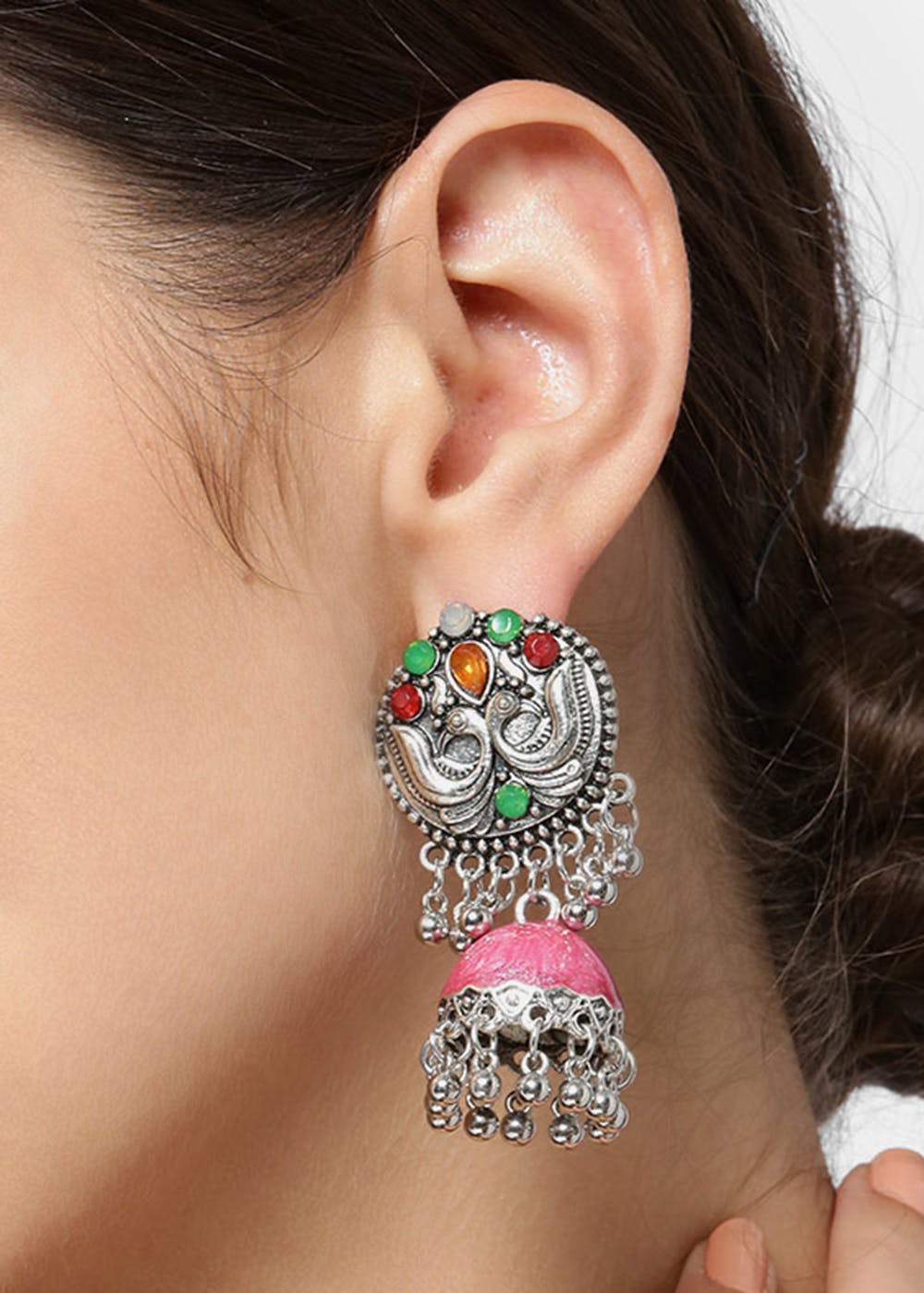 Get Multicoloured Stone Embellished Peacock Jhumkas at ₹ 360 | LBB Shop