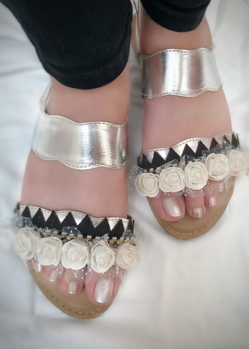 Floral Embellished Silver Slingback Sandals