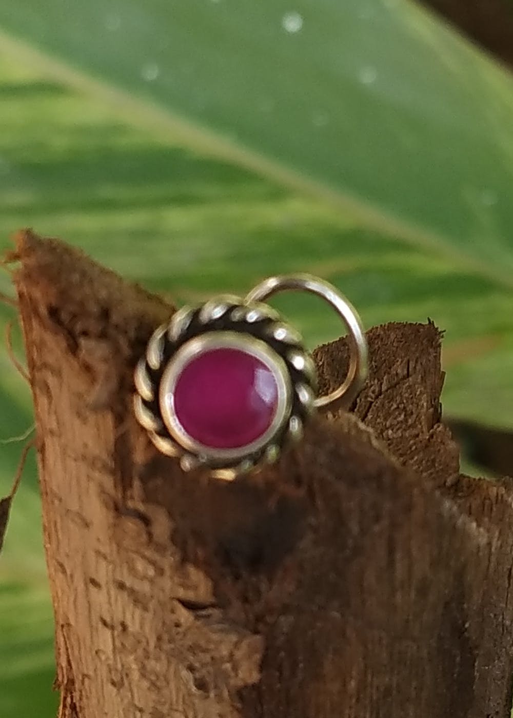 Oxidised Nose Pin In 925 Sterling Silver With Pink Jade Stone