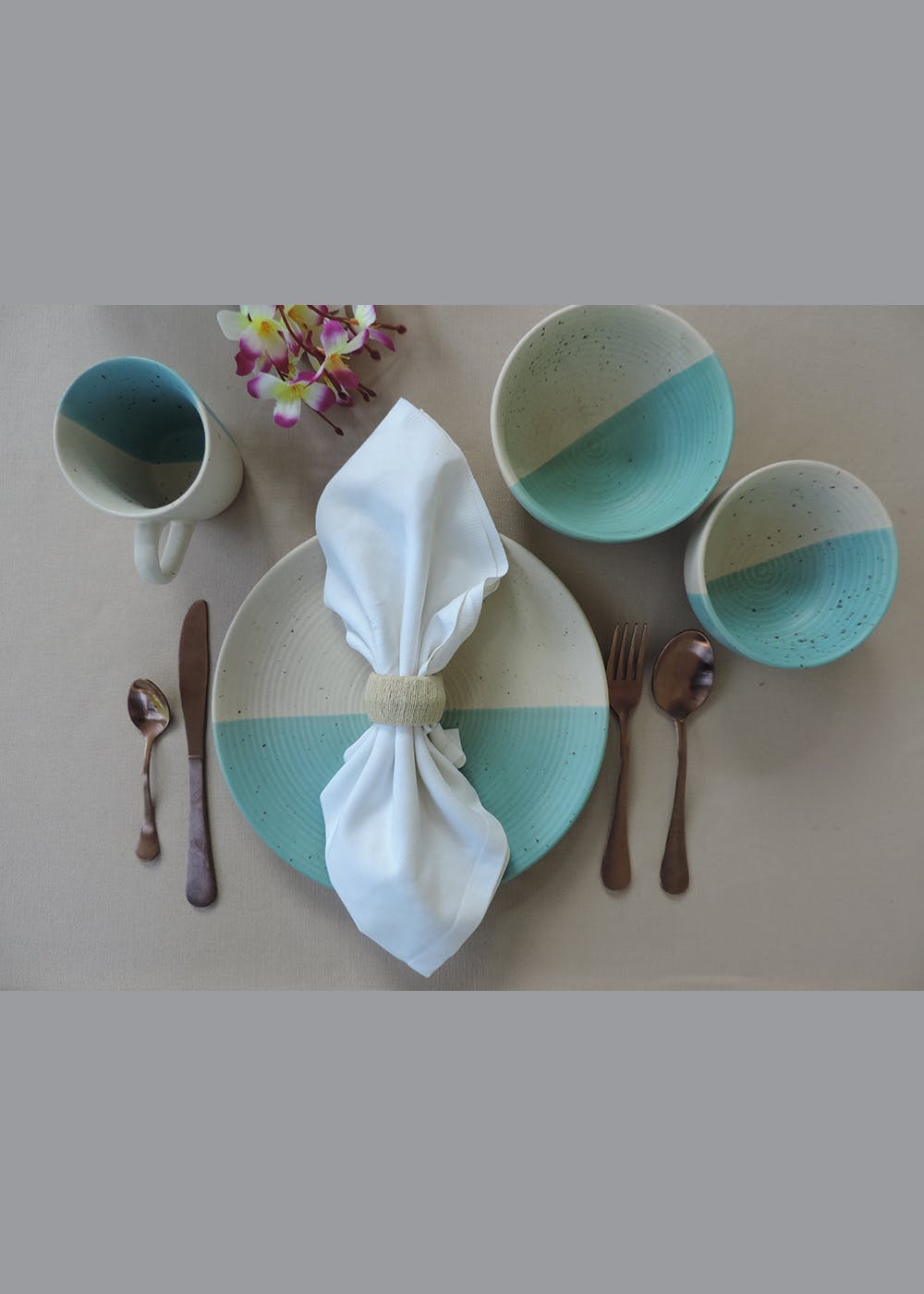 Get Turquoise & Cream Plates With Bowl & Mug Dinner Set at ₹ 2499 LBB