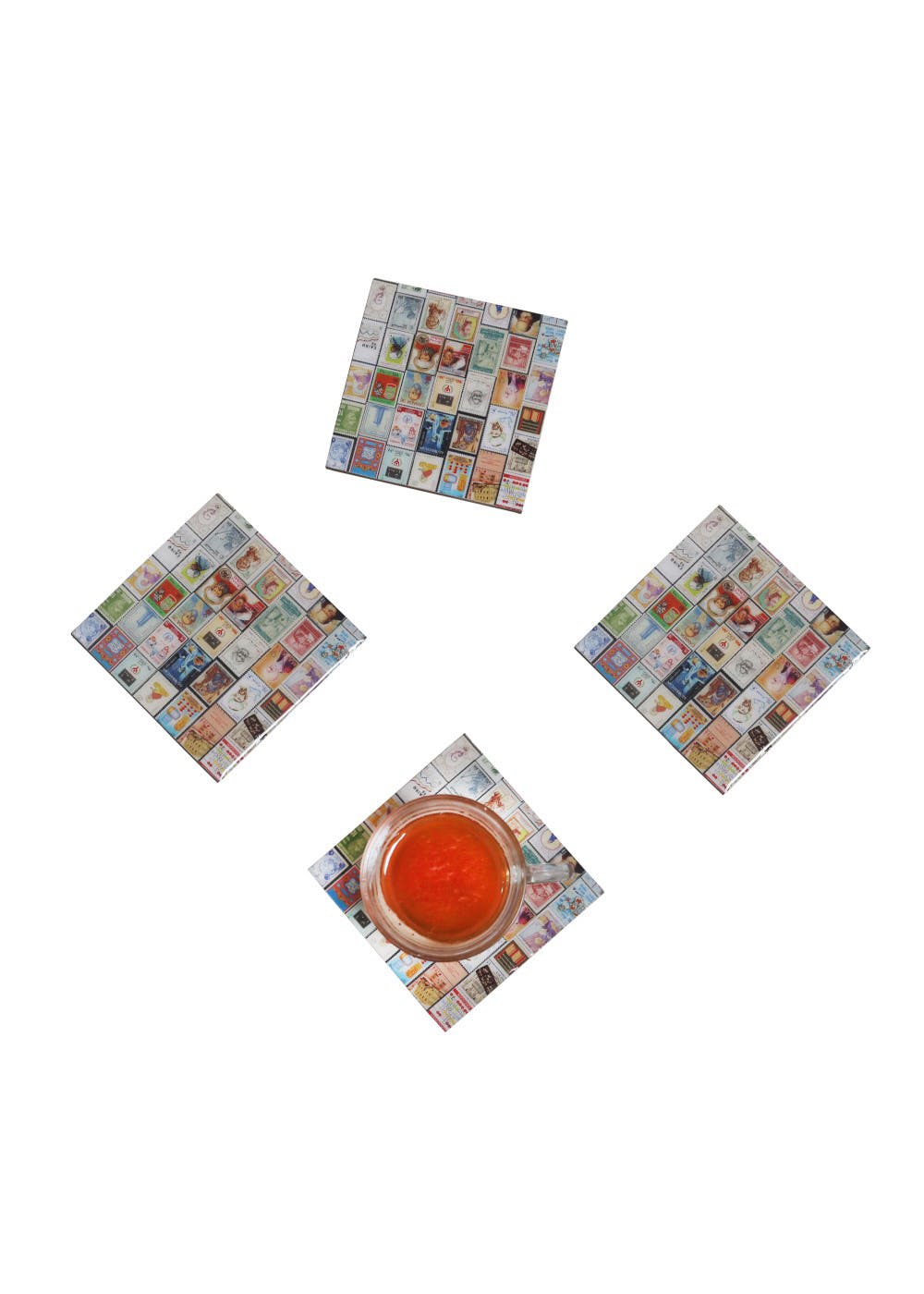 Vintage Stamps Set Of 4 Coasters With A Holder