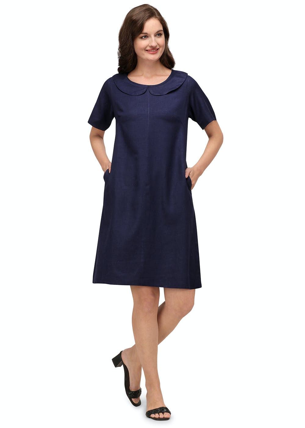 Navy windowpane cotton shift dress – Fabnest